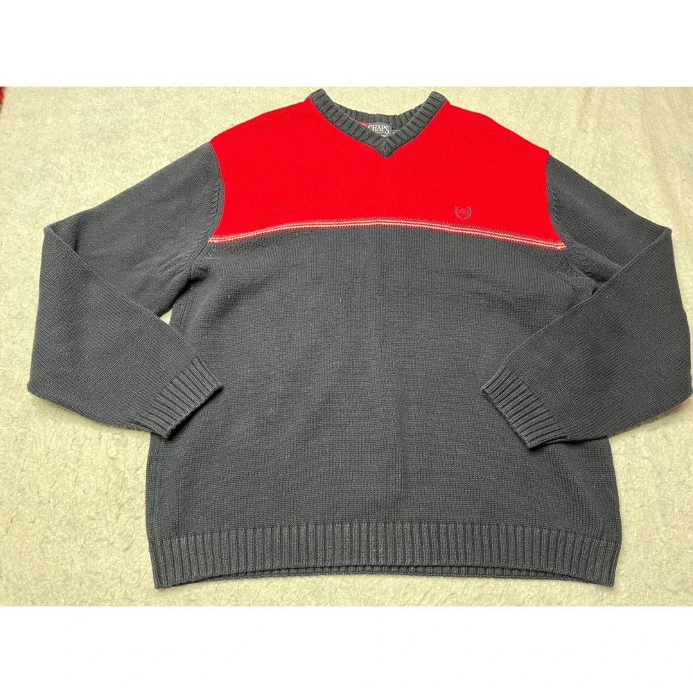 Chaps Ralph Lauren Mens Large V-Neck Cotton knit Sweater Colorblock 90s red blue